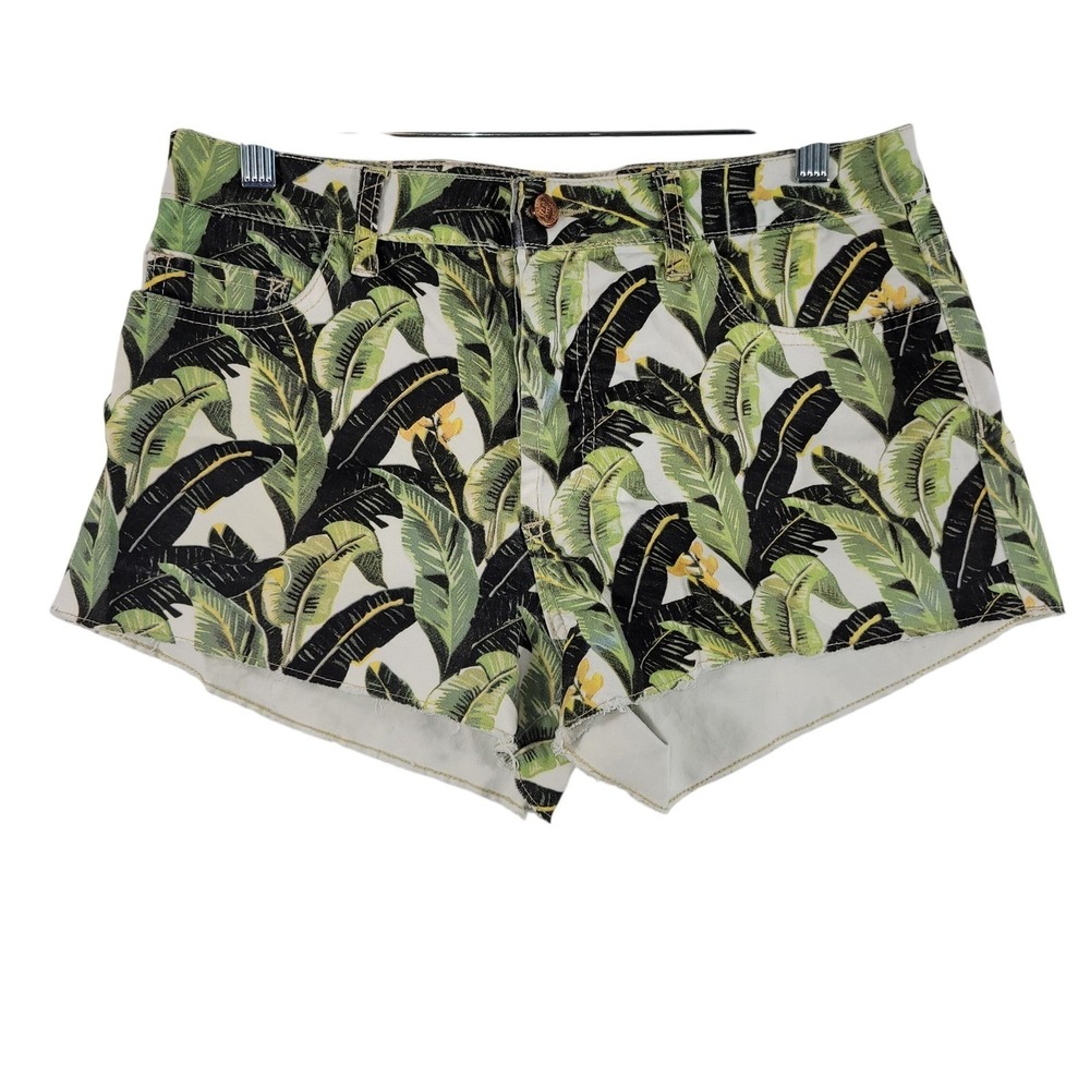 Farm Rio Denim Shorts Women 36 Green Banana Leaf Tropical Raw Hem High Rise
